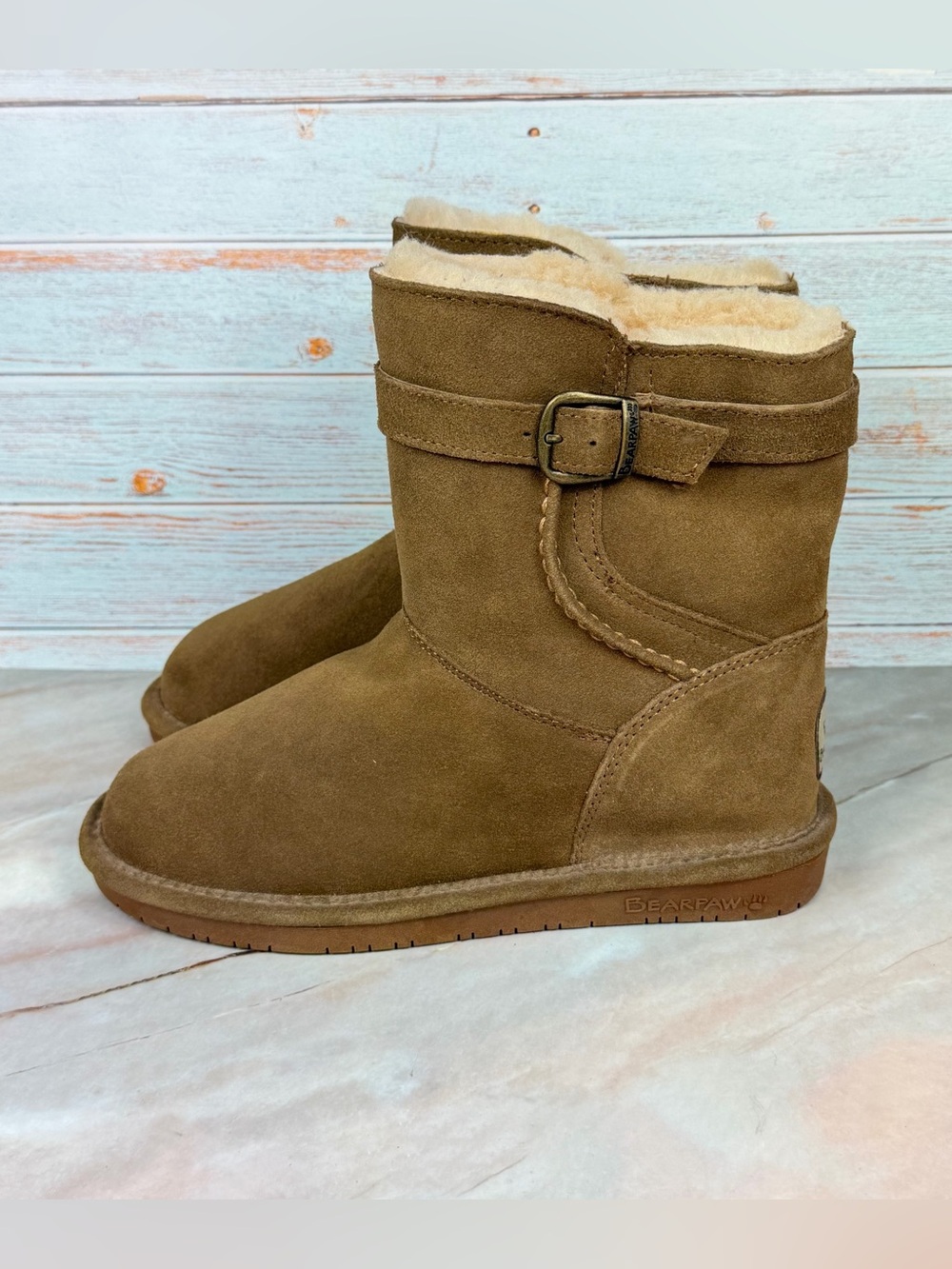 NEW BearPaw Catherine Low Suede Boots Tan with Buckle Accent - NWOT
